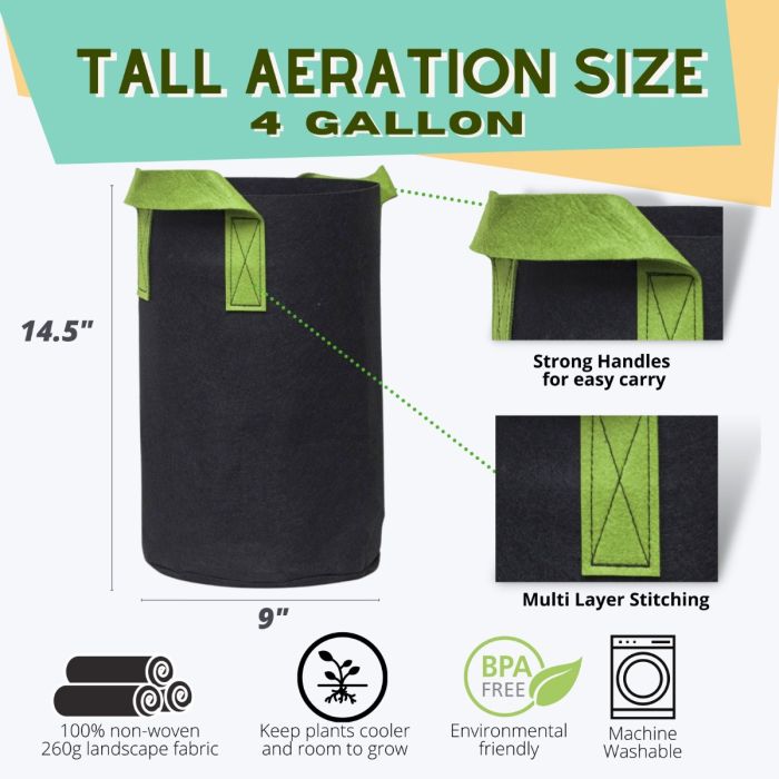 247Garden 4-Gallon Tall Aeration Fabric Pot/Tree Grow Bag (Black w