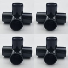 4-Pk 3/4" 4-Way Black PVC Elbows+Tees Furniture-Grade ASTM SCH40 Construction Fittings