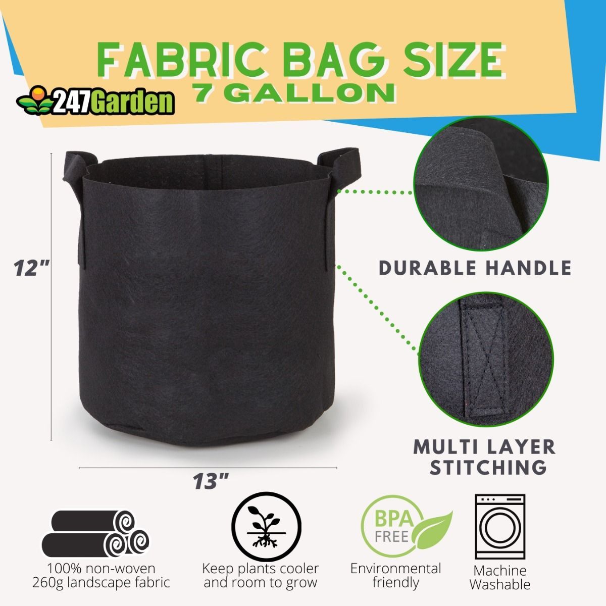 Brown+Green+Black, 7 Gallon SUNSHINETEK Potato Grow Bag 3 Pack Fabric Plant Grow Bags 7 Gallon Breathable Non-woven Window Vegetable Grow Bag 